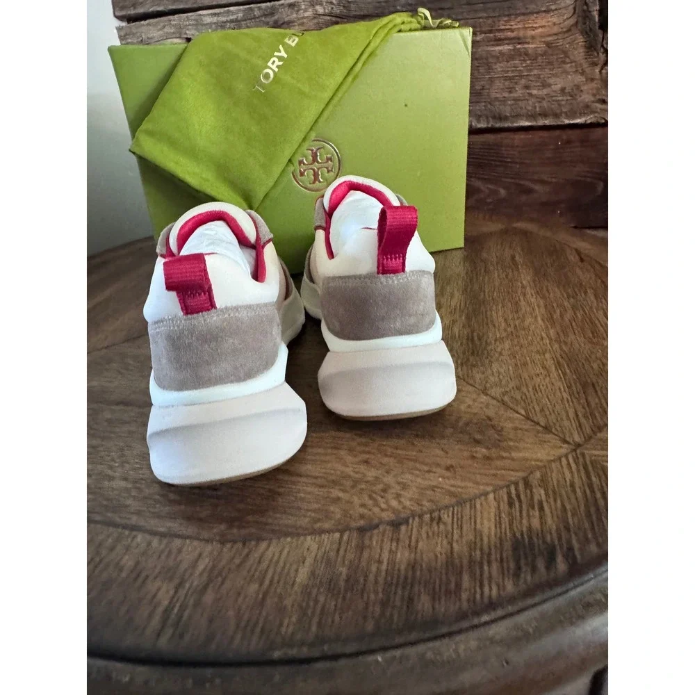 Tory Burch Good Luck Trainer Sneakers Cream Taupe Red 141503 Womens 7 Rare color